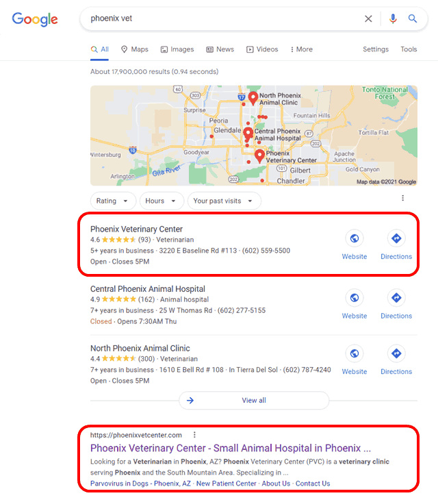 First position in Google for both local and natural search results