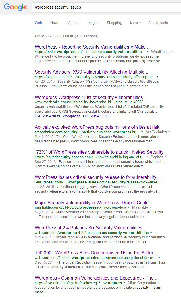 Google Search for WordPress Security Issues is Telling!