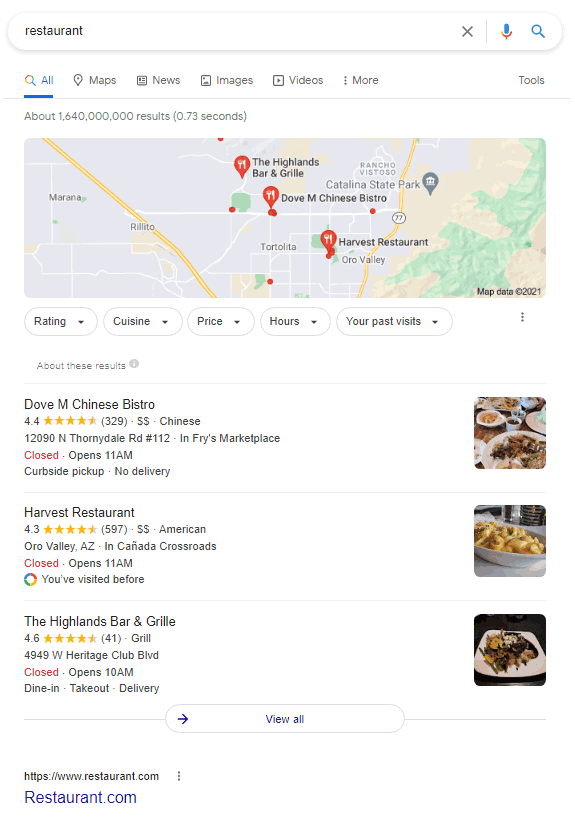 Restaurant Local SEO Google Search Results
